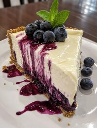 Fresh blueberry cheesecake with berry compote topping - fruity dessert at Coffee Koffein